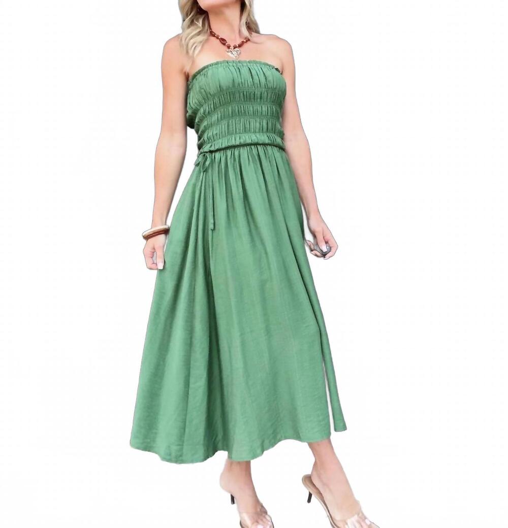 NEW BLU PEPPER women's strapless shirred side tie detail midi dress in green